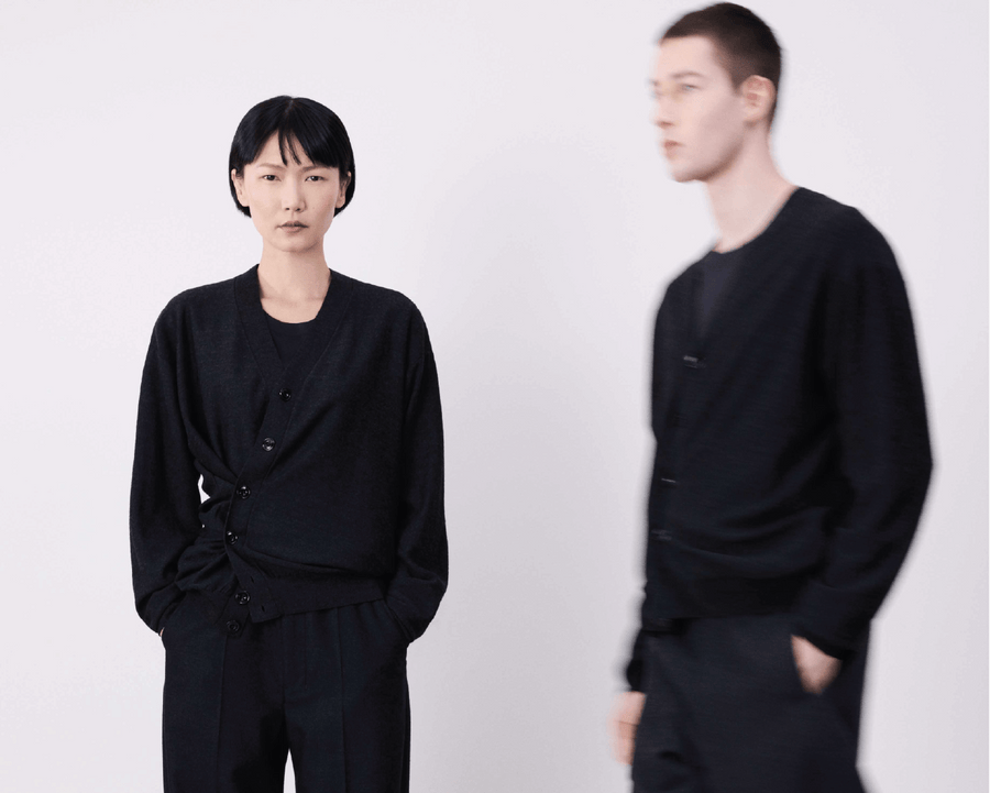 Lemaire models in black knit cardigans and trousers