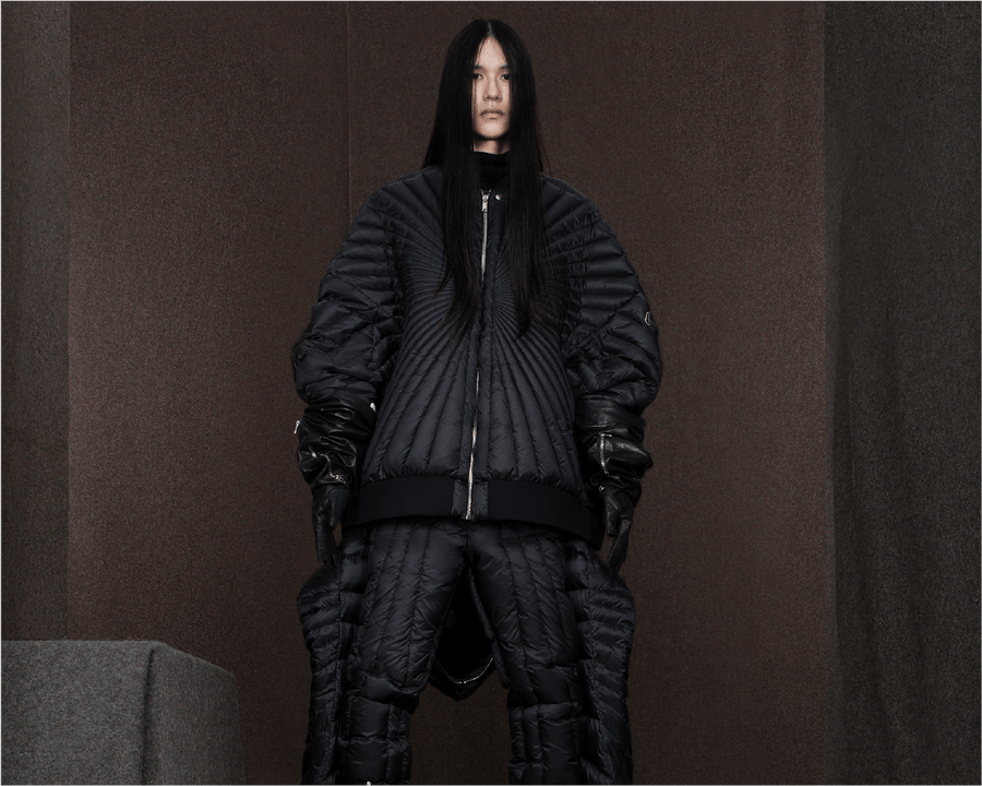 Rick Owens x Moncler quilted black down look on a long-haired model