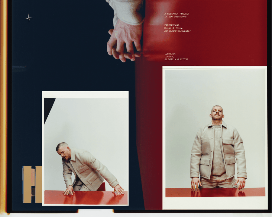 Stone Island research project editorial: a man in a beige jacket leaning on a red table