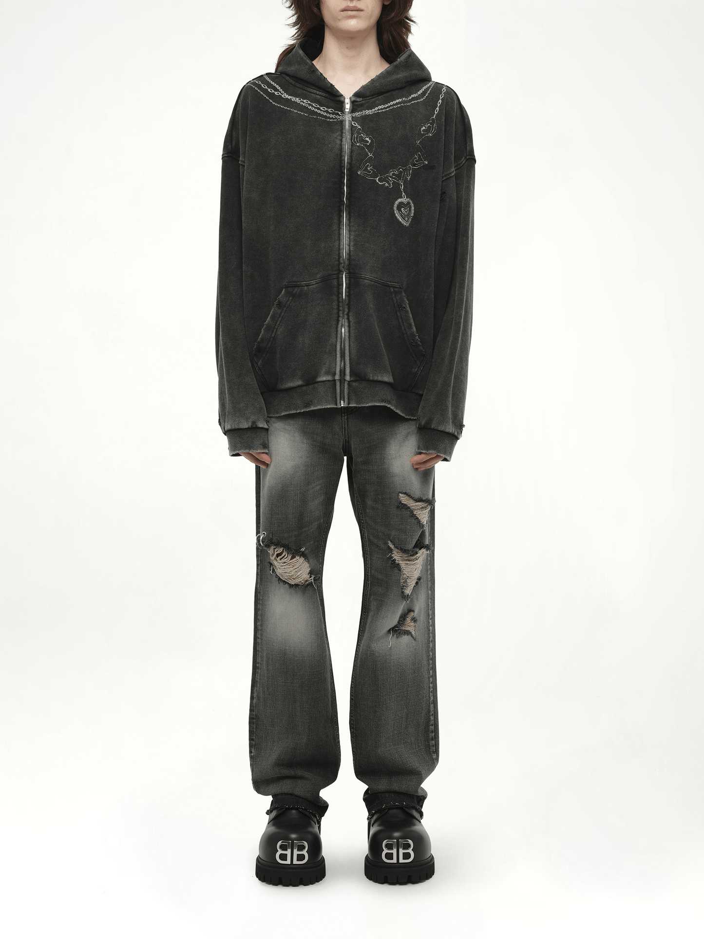 Washed Vintage Zip-Up Hoodie in Black