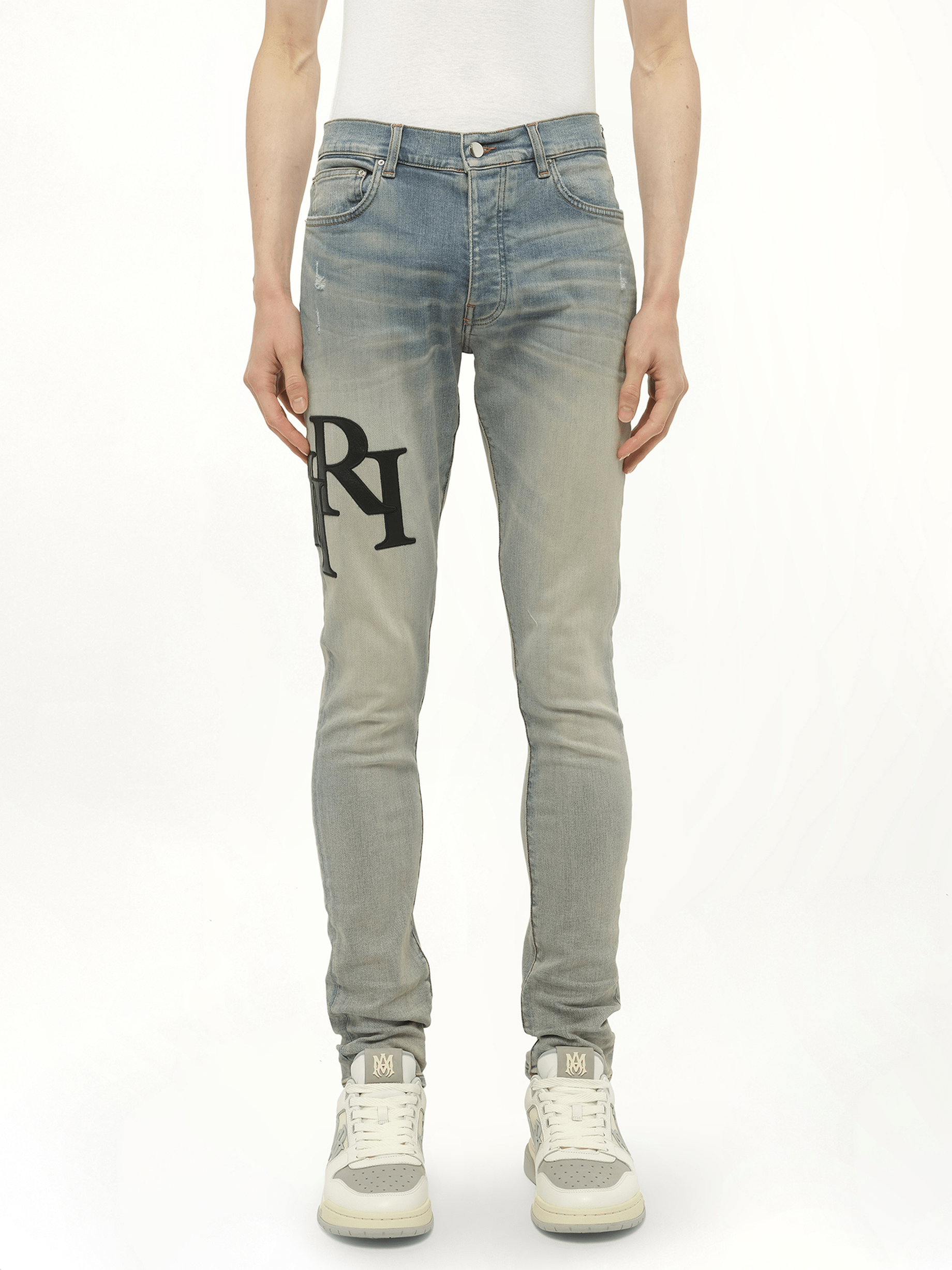 Staggered Logo Skinny Jeans in Antique Indigo/Black