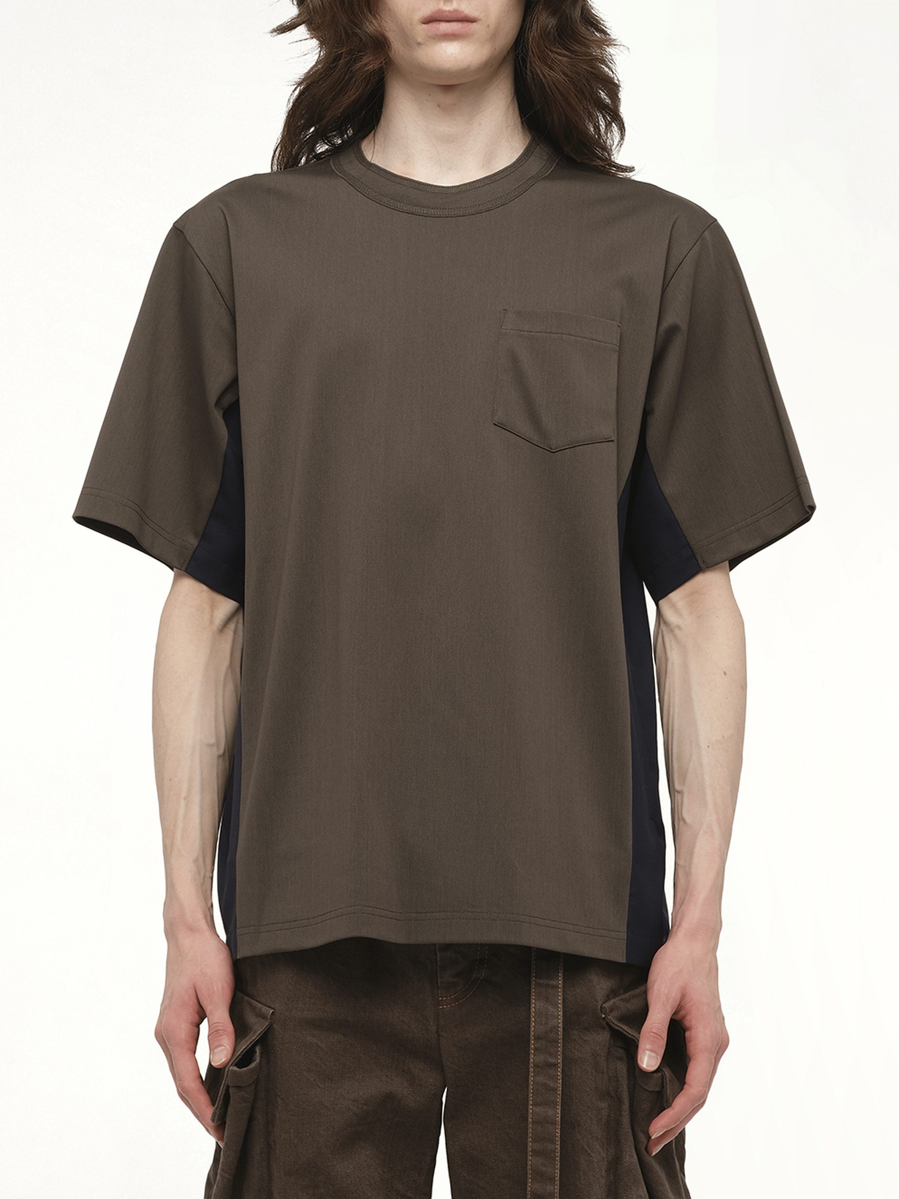 SACAI - Mens Suiting x Cotton Jersey T-Shirt in Khaki/Navy SACAI - Mens Suiting x Cotton Jersey T-Shirt in Khaki/Navy