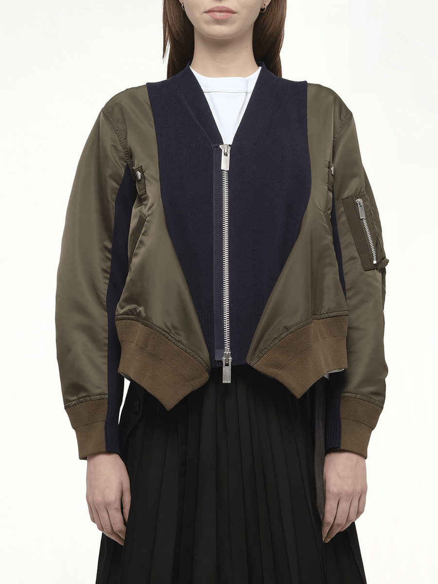 Nylon Twill x Knit Cardigan in Dark Khaki/Navy