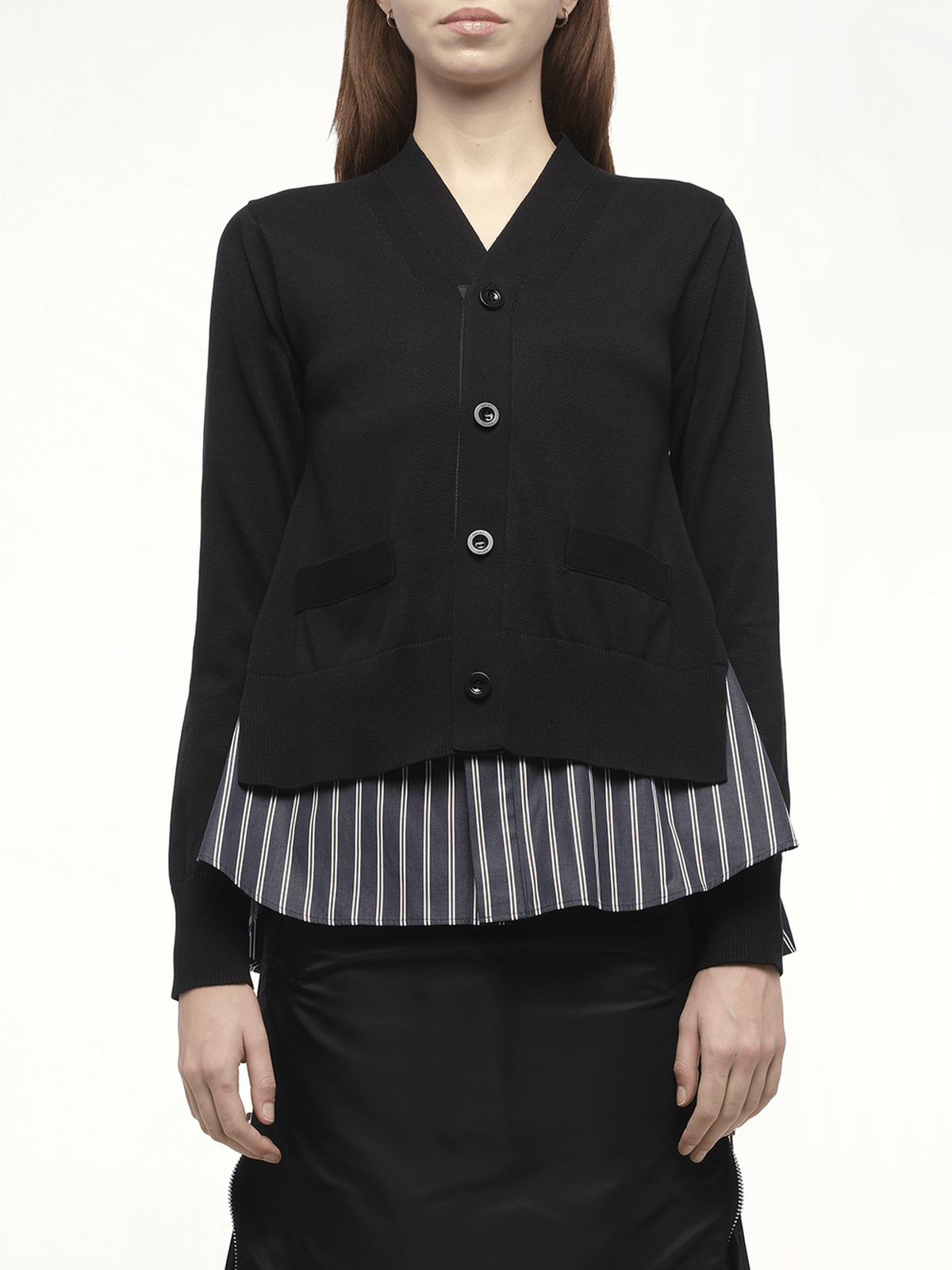 ブラック/ダークネイビーストライプのポプリン×ニットカーディガン