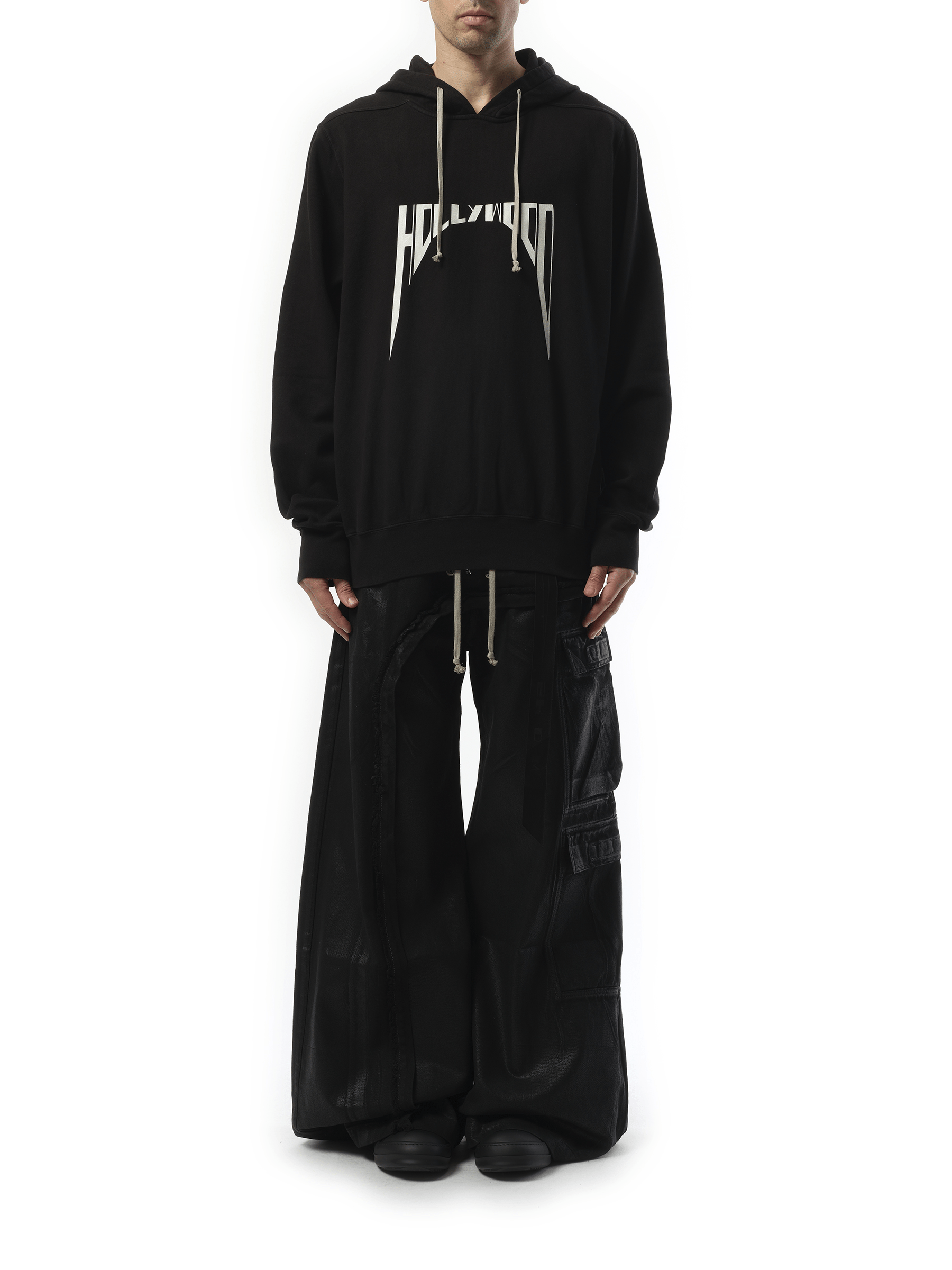 Rick Owens Drkshdw Hollywood Curved Print Oversized Hoodie in Black/Milk