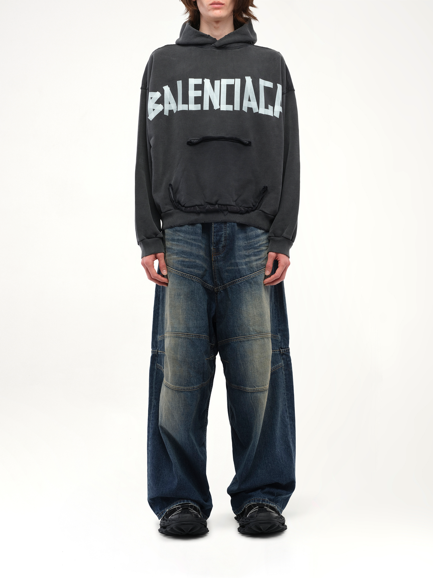 Tape Type Ripped Pocket Hoodie in Faded Washed Black