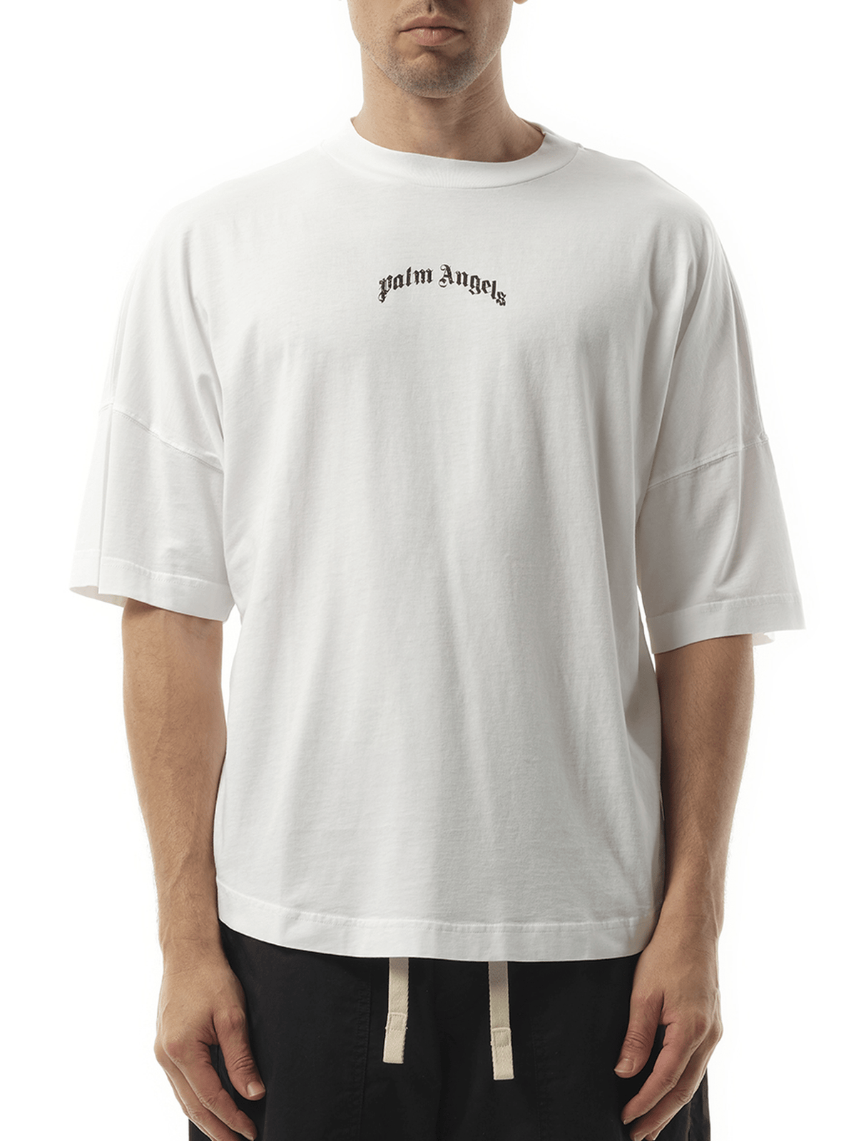 Palm Angels Back Curved Logo Over T-Shirt in Off White/Black