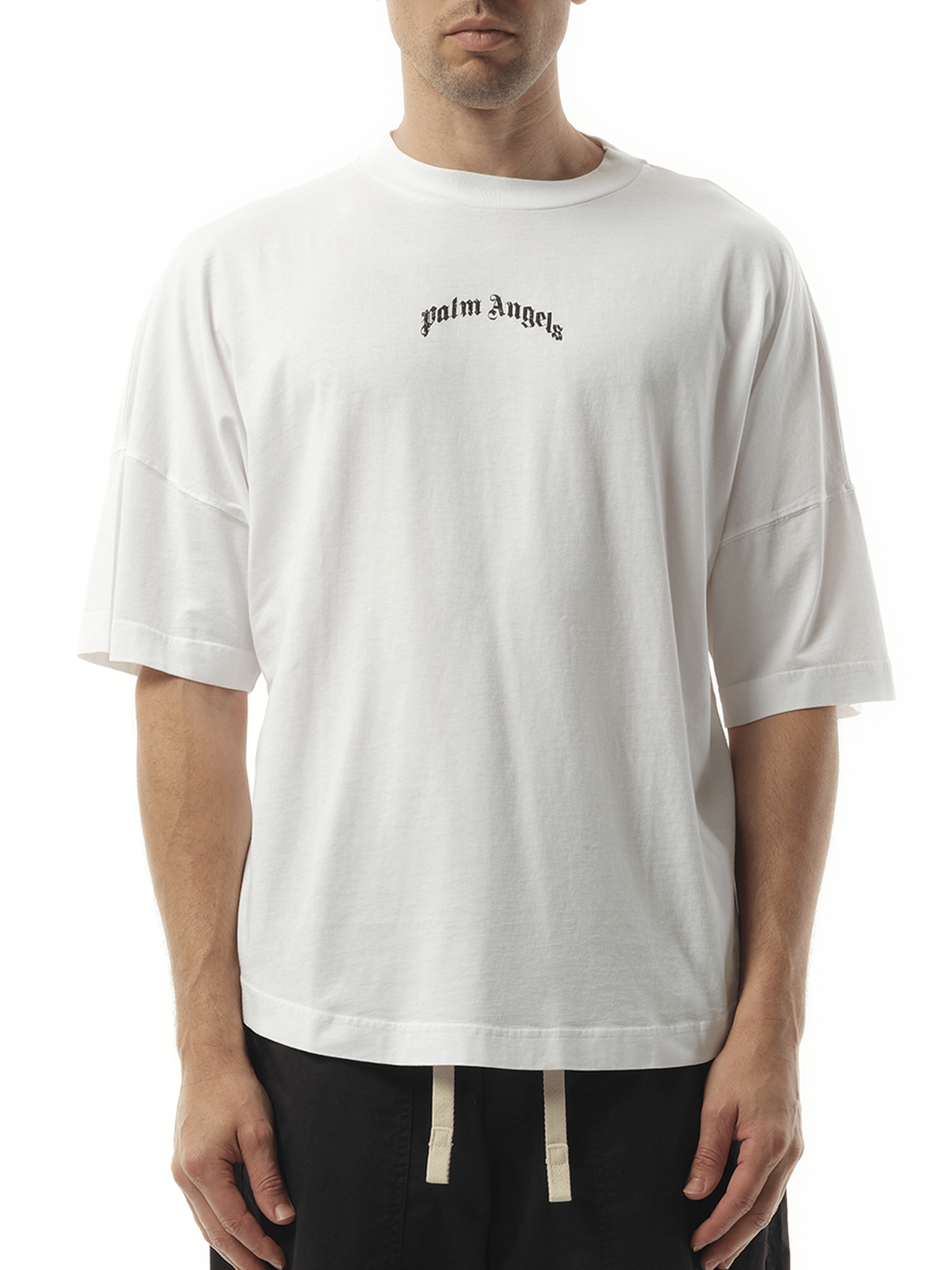 Palm Angels Back Curved Logo Over T-Shirt in Off White/Black