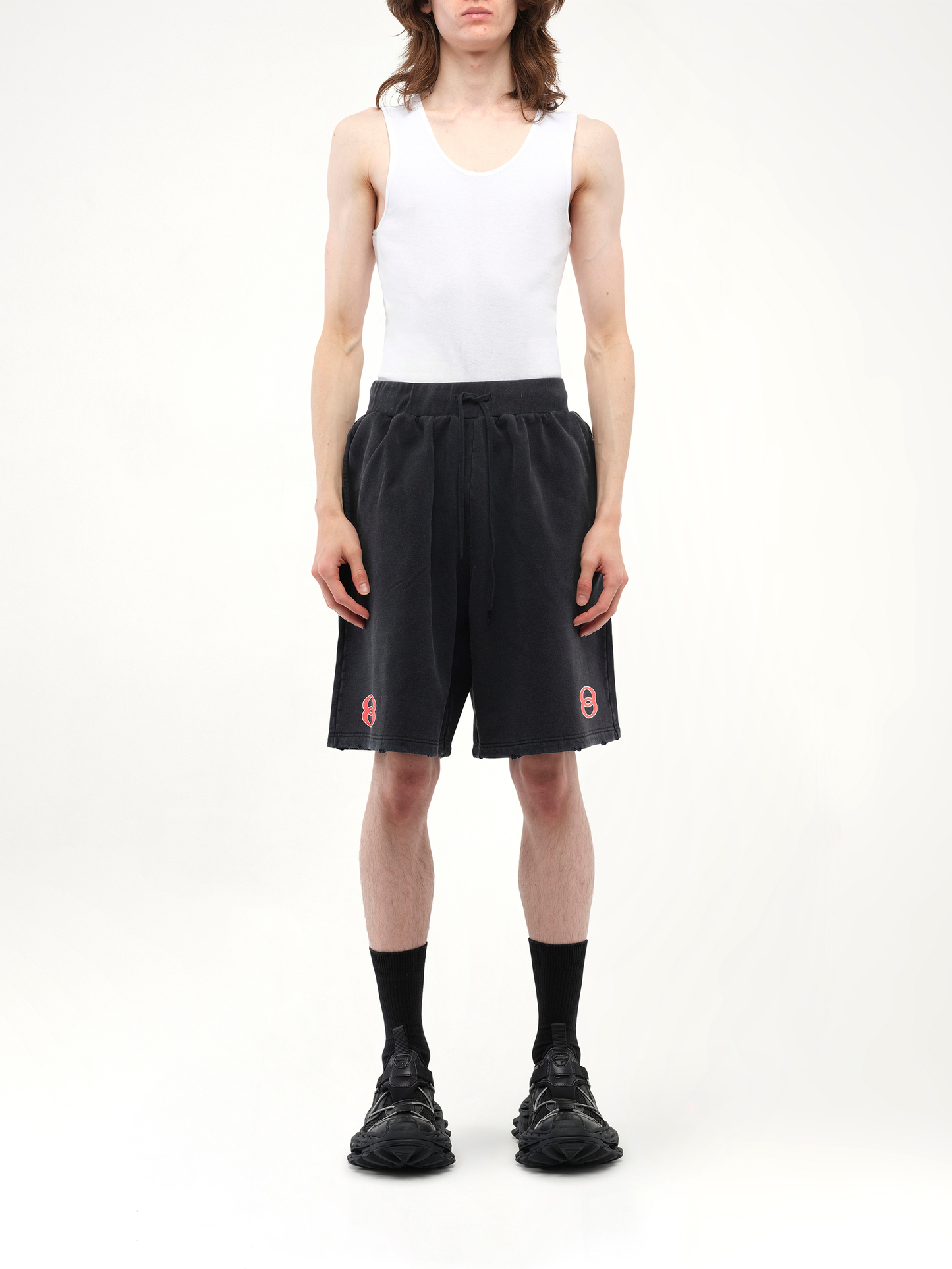 Balenciaga Sponsor Logo Long Shorts in Faded Washed Black