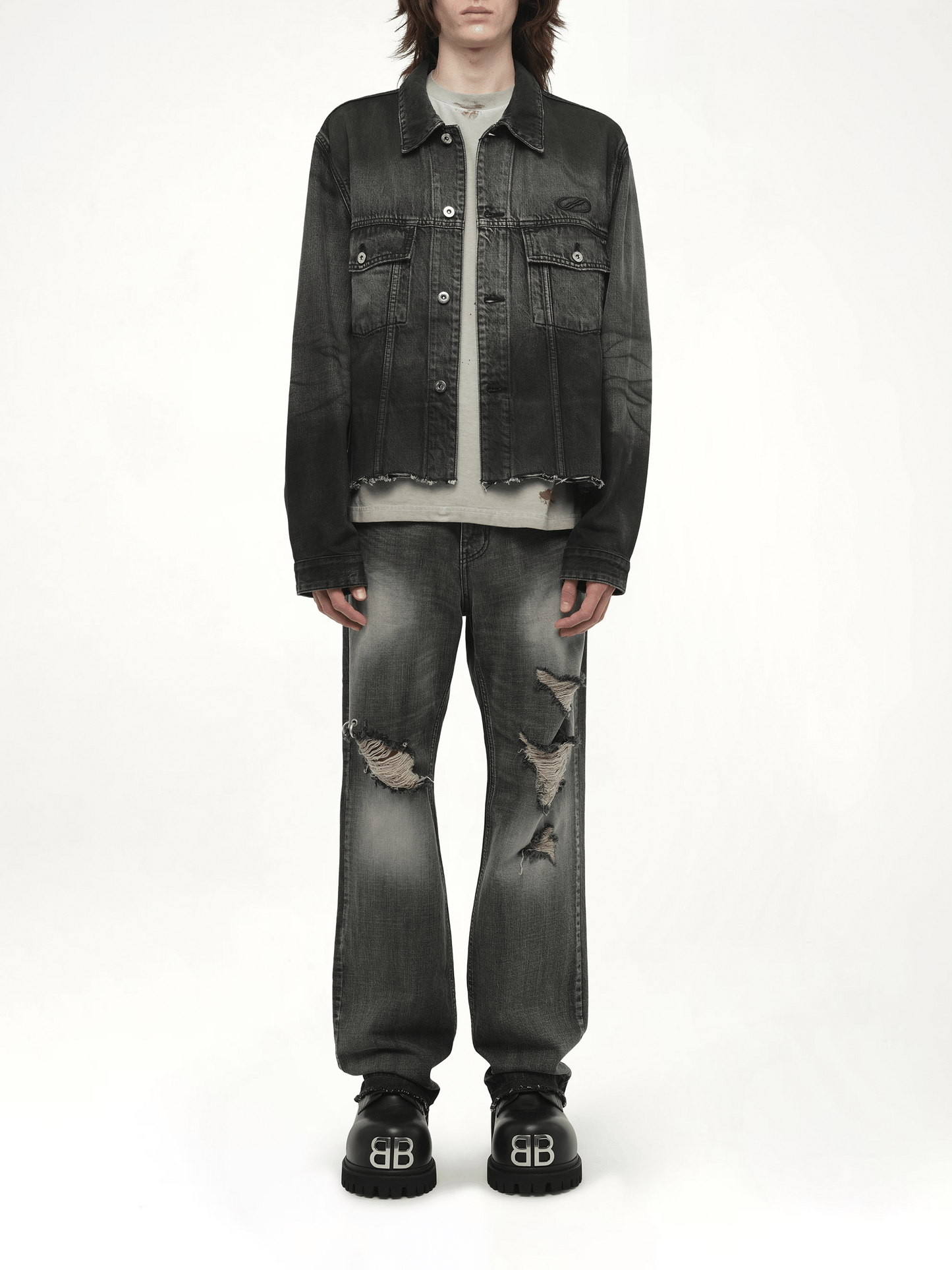 Dark-Spray Detail Denim Jacket in Black