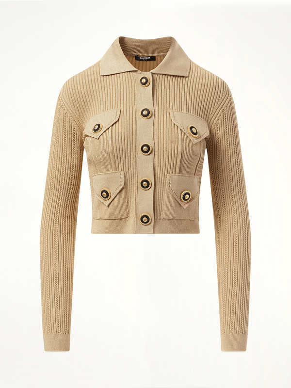 4 Pockets Buttoned Ribbed Knit Cardigan in Nude Rose