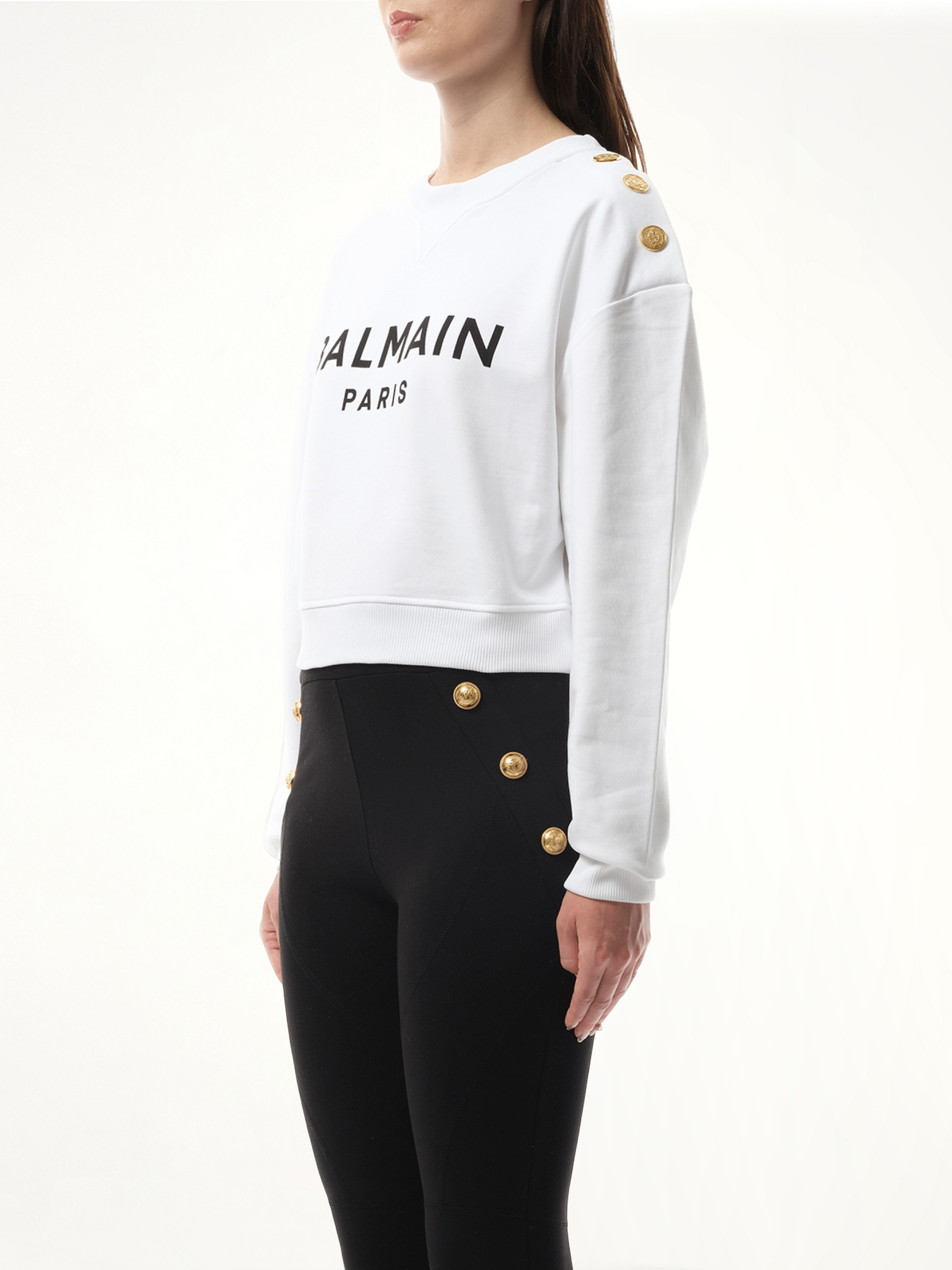 화이트/블랙 3버튼 발망 프린트 스웨트셔츠