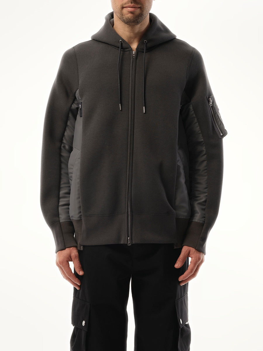 Sacai Sponge Sweat Nylon Twill Zip Hoodie in Charcoal Gray
