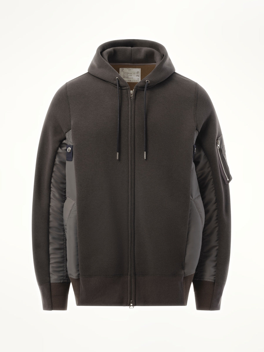 Sacai Sponge Sweat Nylon Twill Zip Hoodie in Charcoal Gray