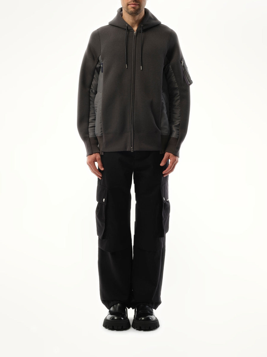 Sacai Sponge Sweat Nylon Twill Zip Hoodie in Charcoal Gray