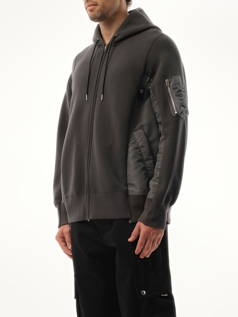 Sacai Sponge Sweat Nylon Twill Zip Hoodie in Charcoal Gray