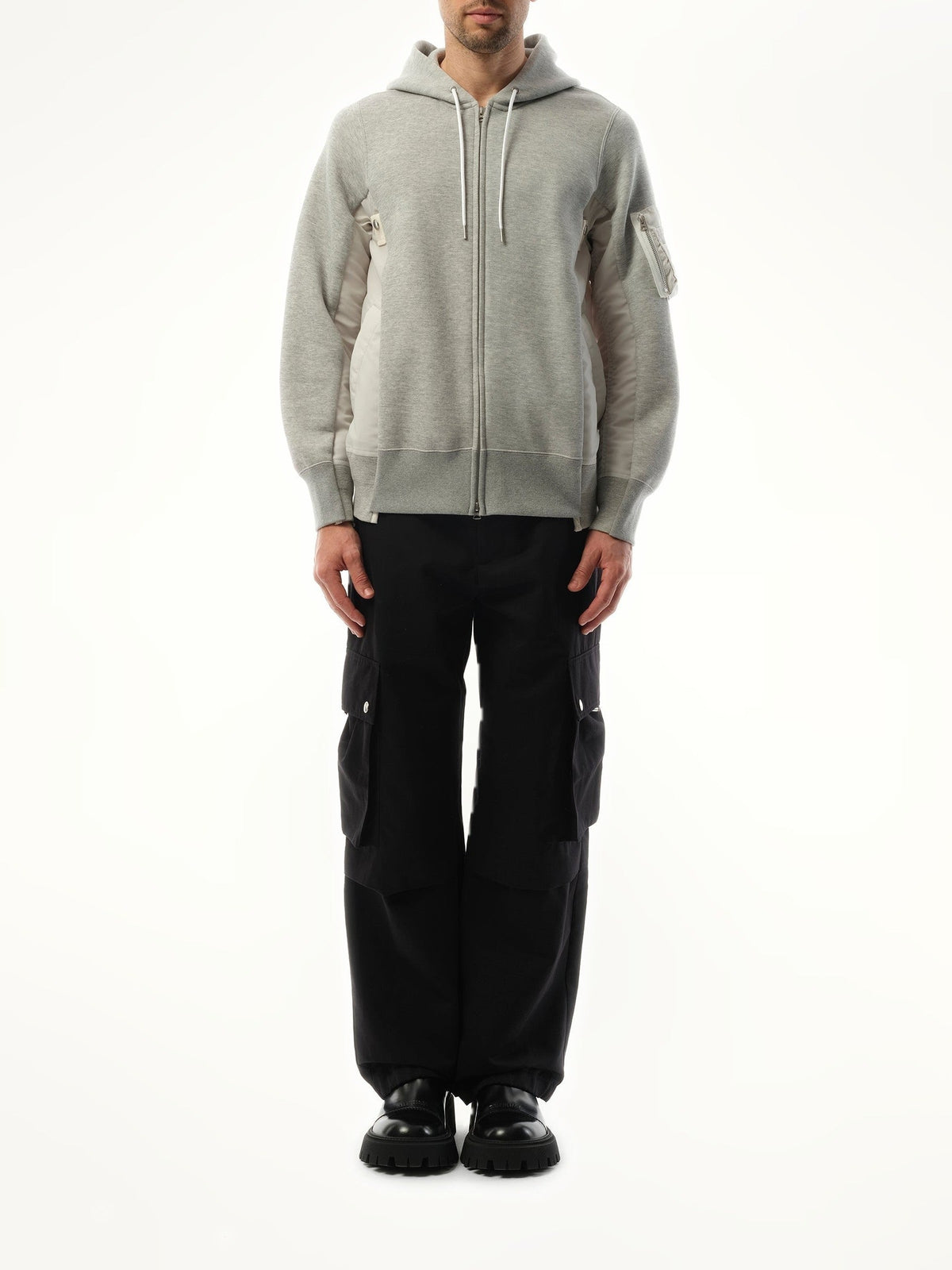 Sacai Sponge Sweat Nylon Twill Zip Hoodie in Light Gray