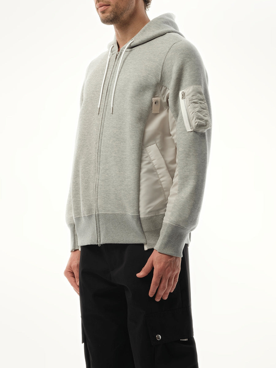 Sacai Sponge Sweat Nylon Twill Zip Hoodie in Light Gray