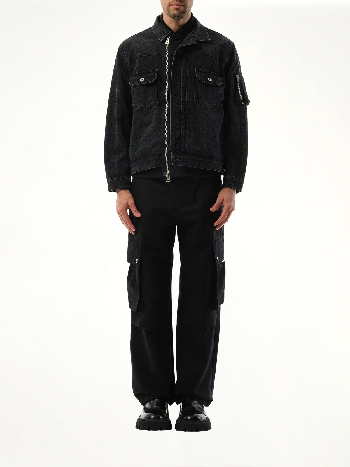 Denim Nylon Double Jacket in Black