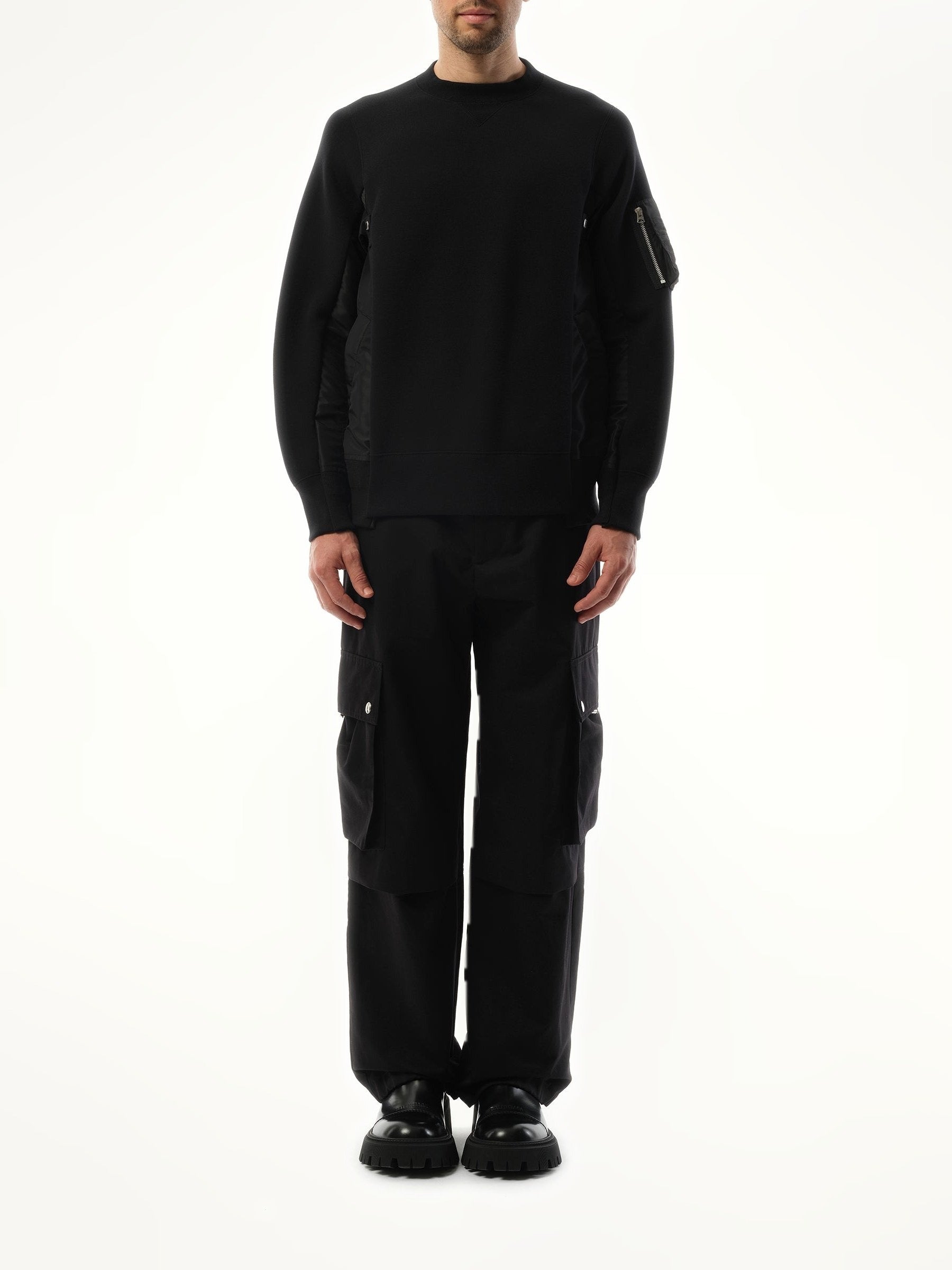Sacai Sponge Sweat Nylon Twill Sweatshirt in Black