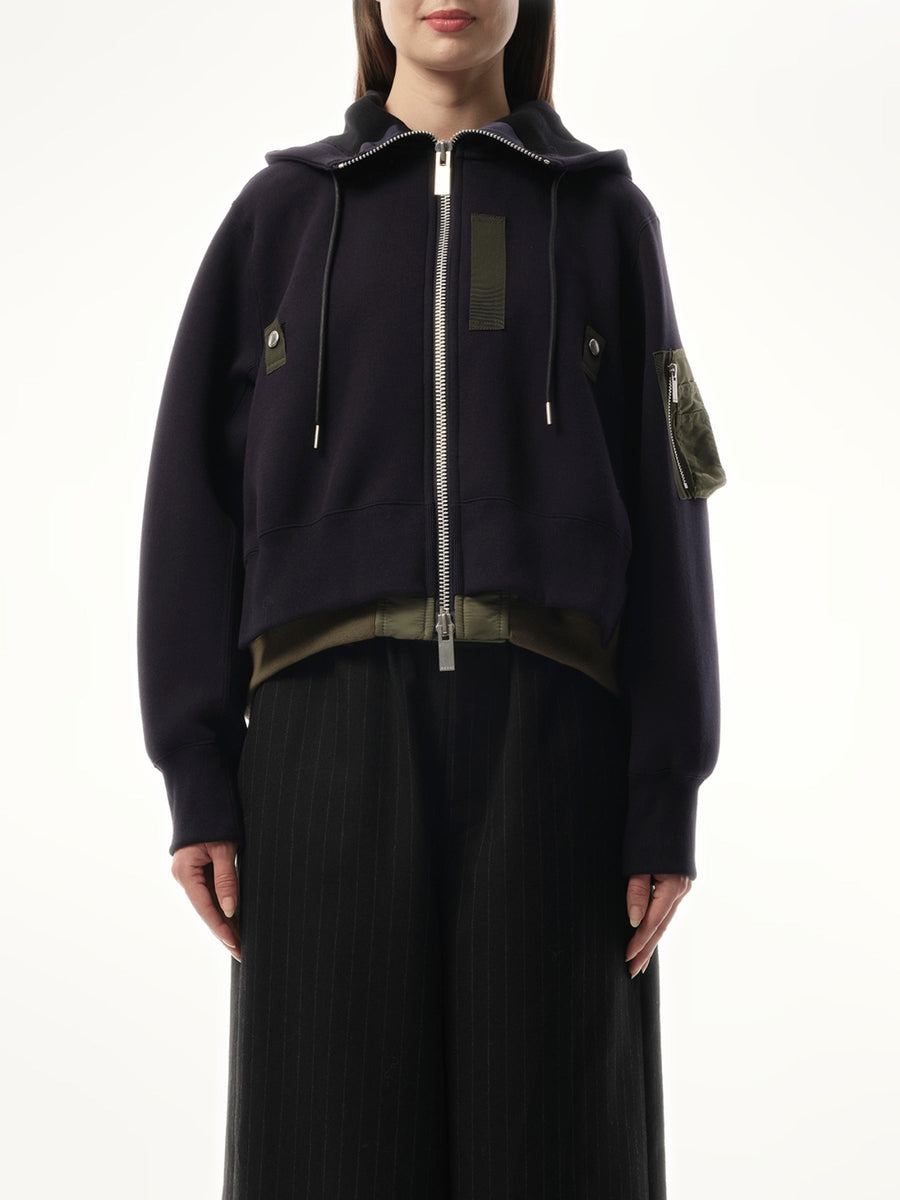 Sacai Sponge Sweat x Nylon Twill Zip Hoodie in Navy/Khaki