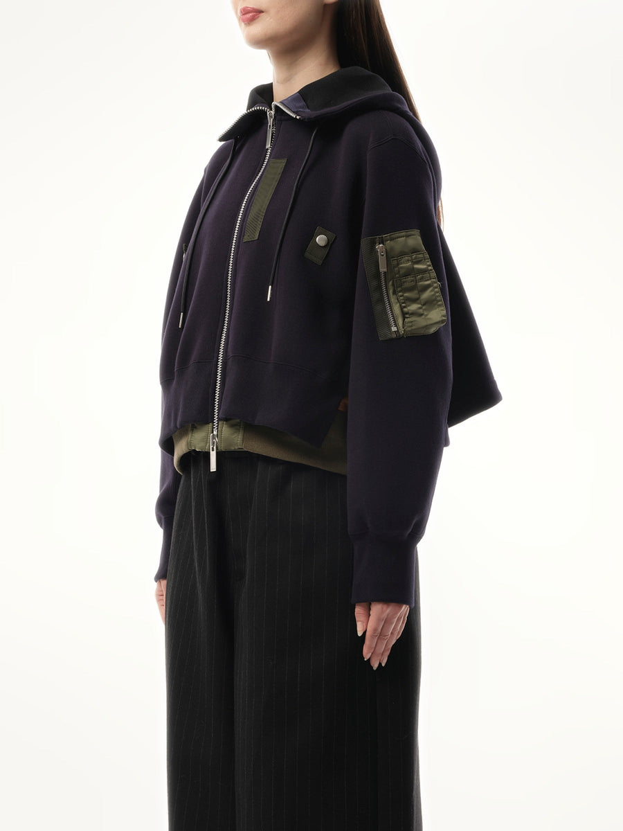 Sacai Sponge Sweat x Nylon Twill Zip Hoodie in Navy/Khaki