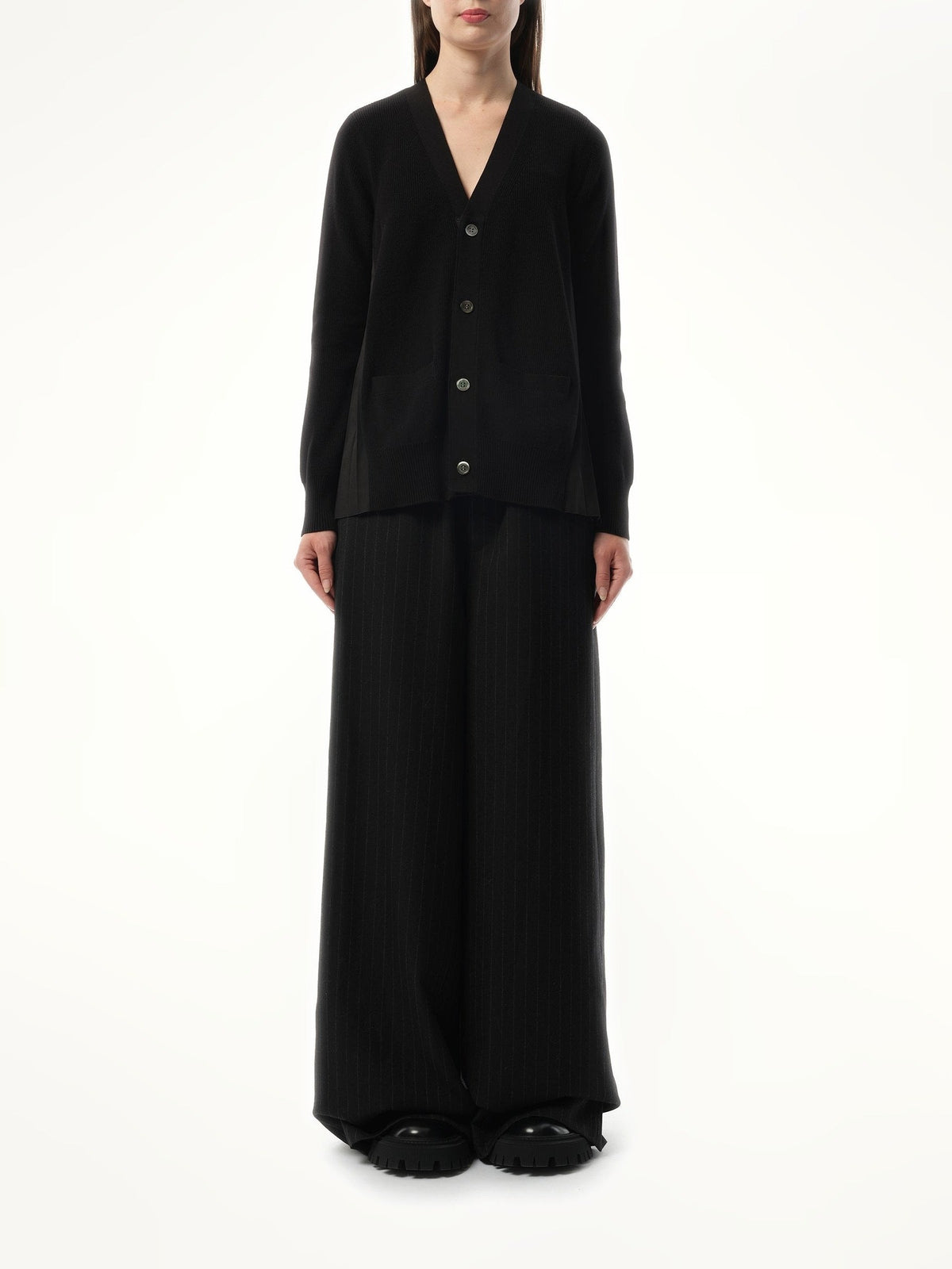 Sacai Cotton Knit x Cotton Poplin Cardigan in Black