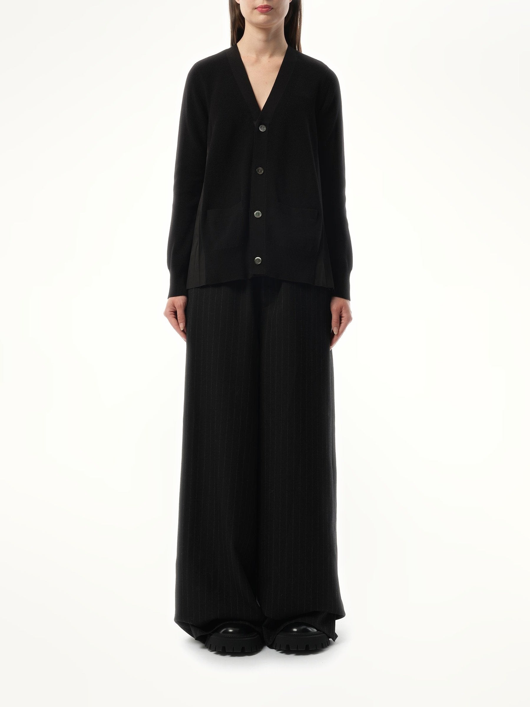 Sacai Cotton Knit x Cotton Poplin Cardigan in Black