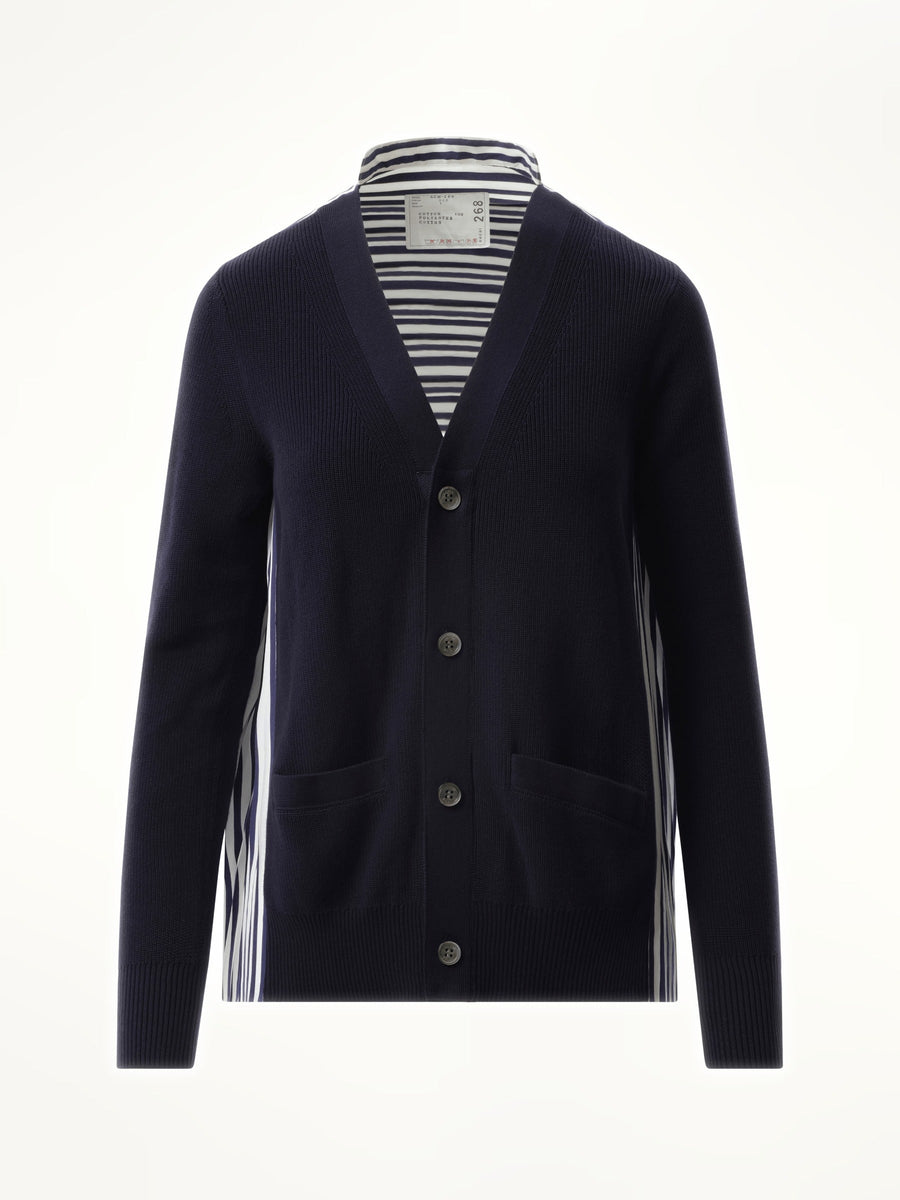 Sacai Cotton Knit x Cotton Poplin Cardigan in Navy
