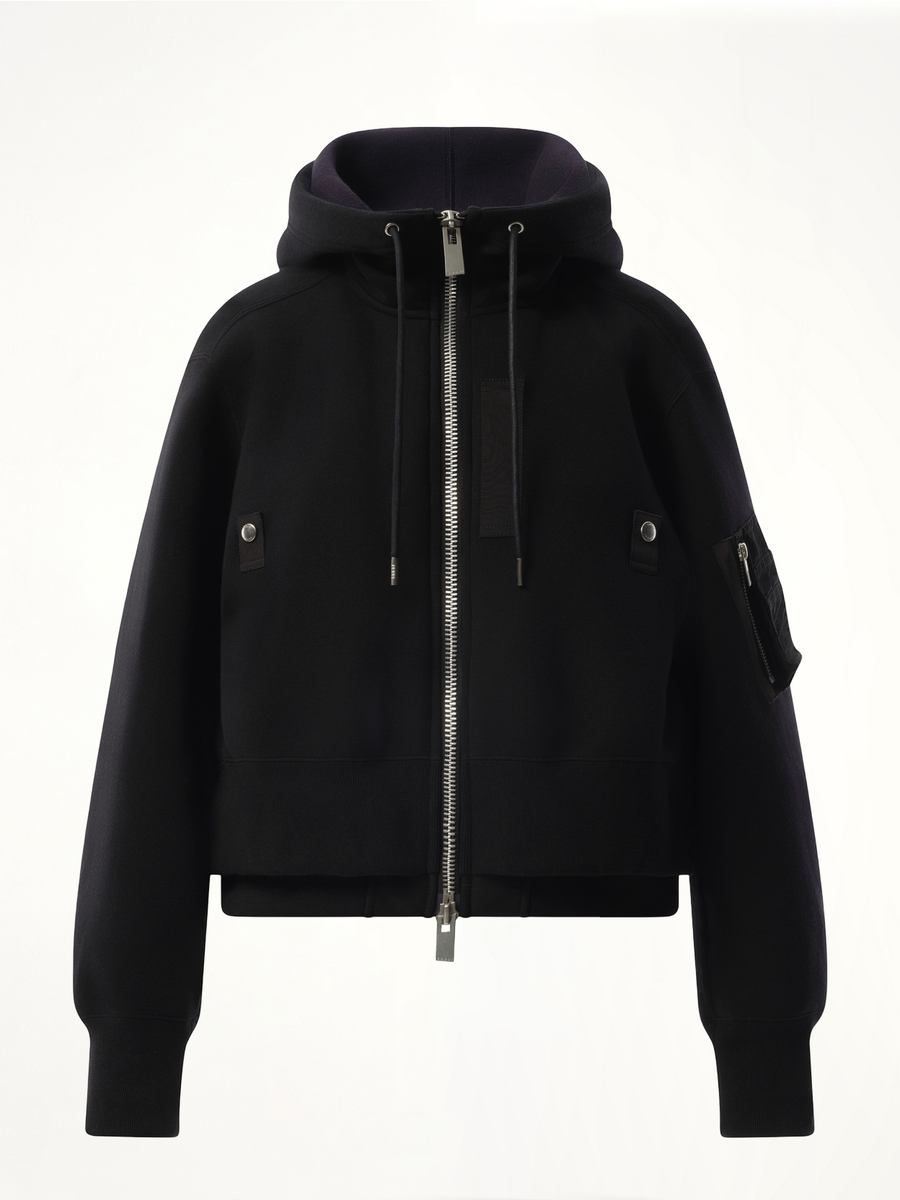 Sponge Sweat x Nylon Twill Zip Hoodie in Black