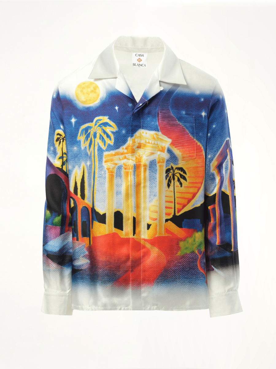 Long Sleeve Cuban Collar Shirt in Midnight Acropolis