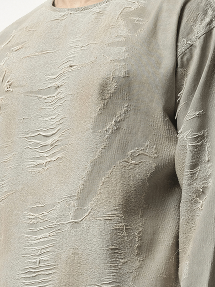 Distressed Effect Denim Sweater in Light Grey