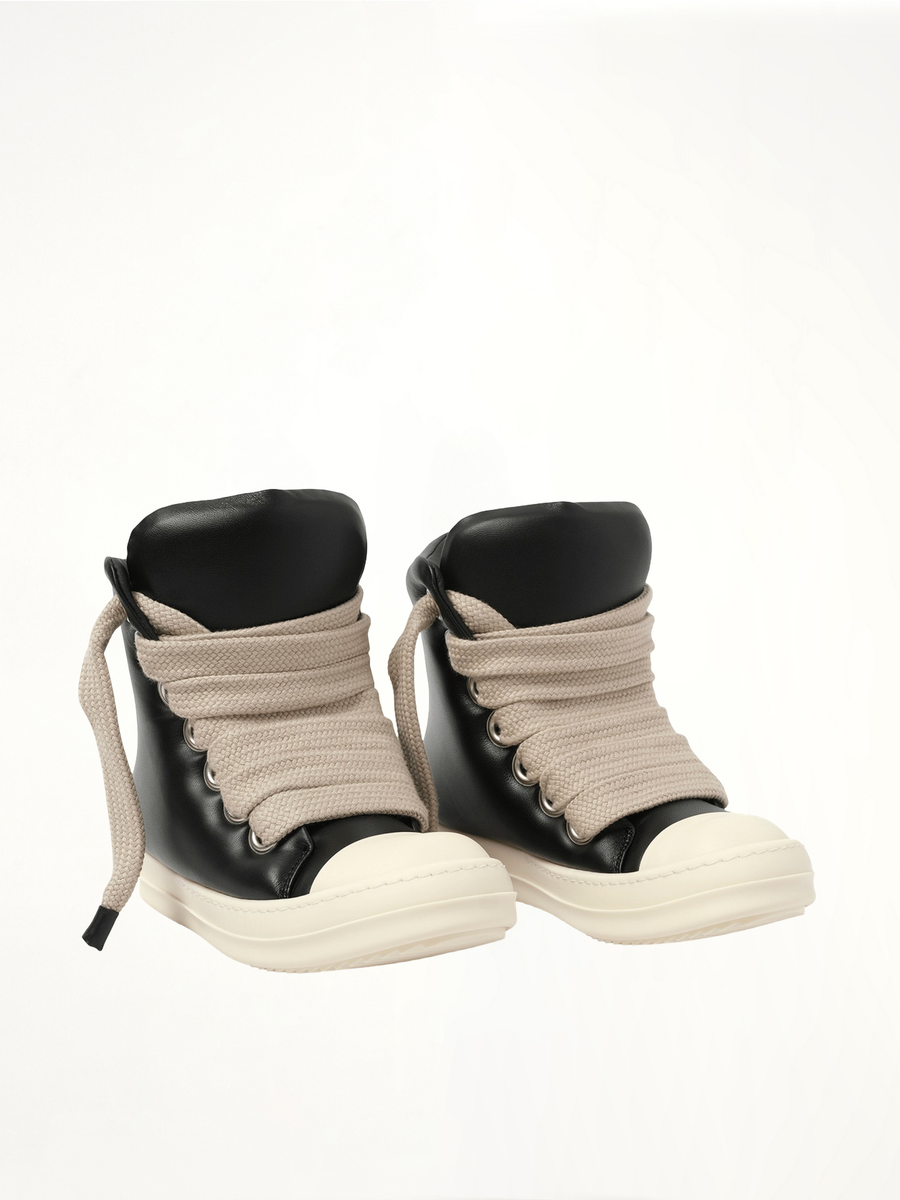 Padded Jumbolaced Sneaker in Black/Milk/Milk Front View | RICK OWENS