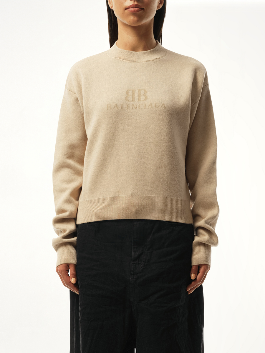 Cropped Sweater in Beige Side View | BALENCIAGA
