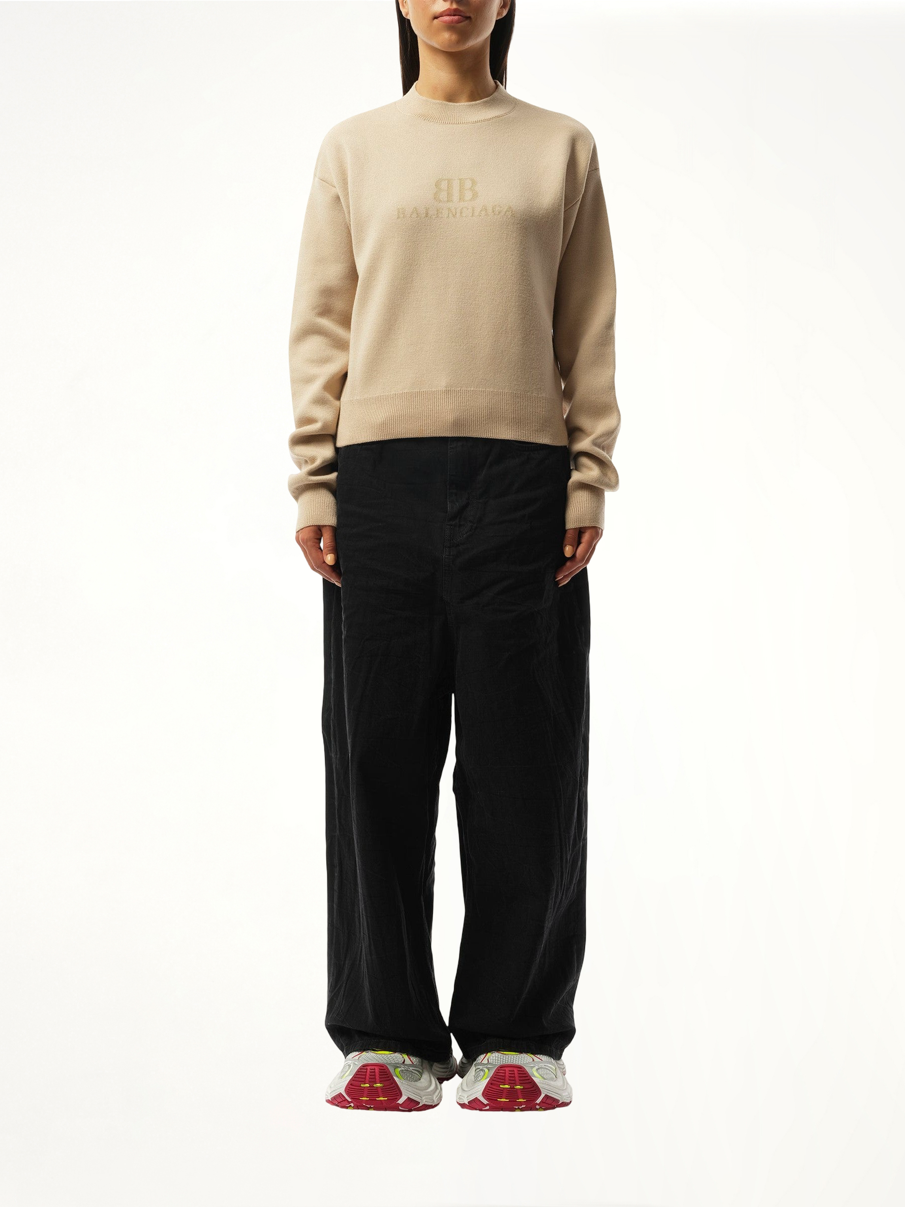 Cropped Sweater in Beige Top View | BALENCIAGA