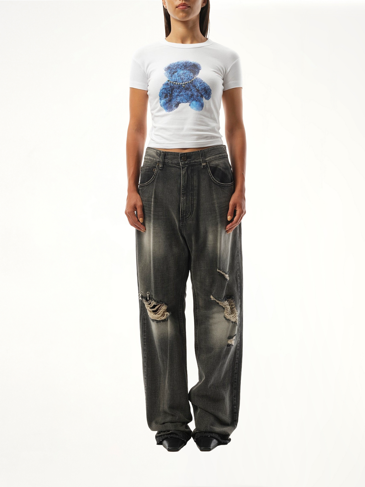 Studded Bear Cropped T-Shirt in White