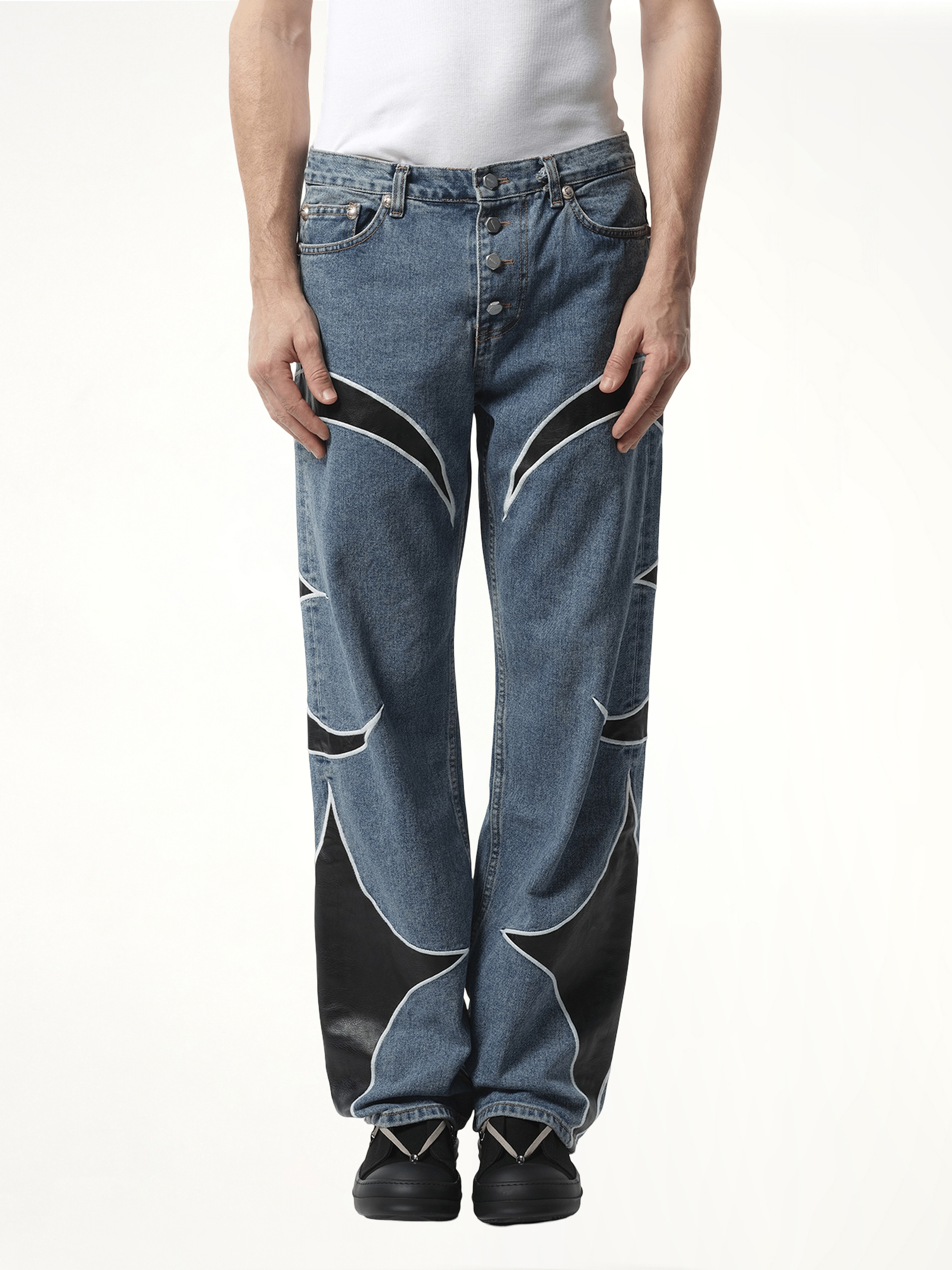 TC Leather Washing Denim Pants in Blue/Black