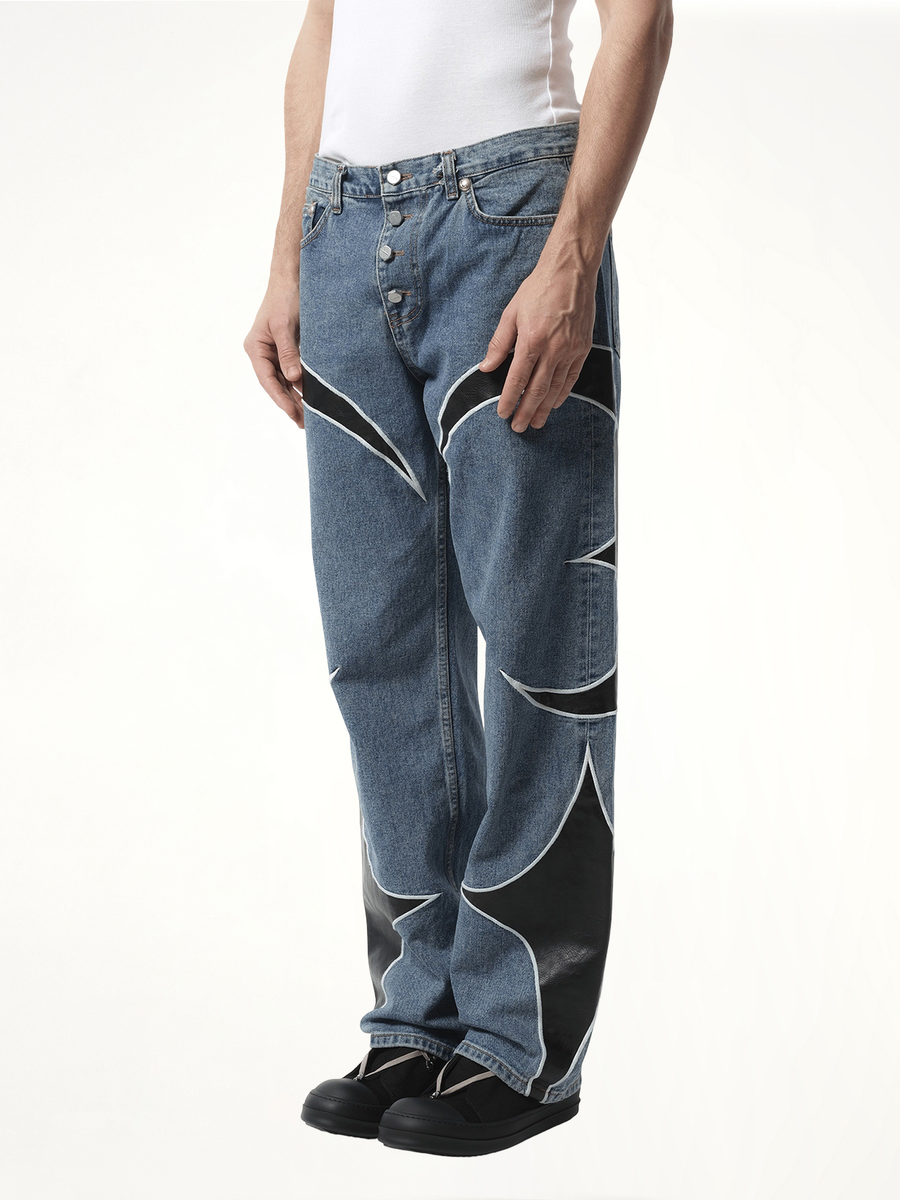 TC Leather Washing Denim Pants in Blue/Black