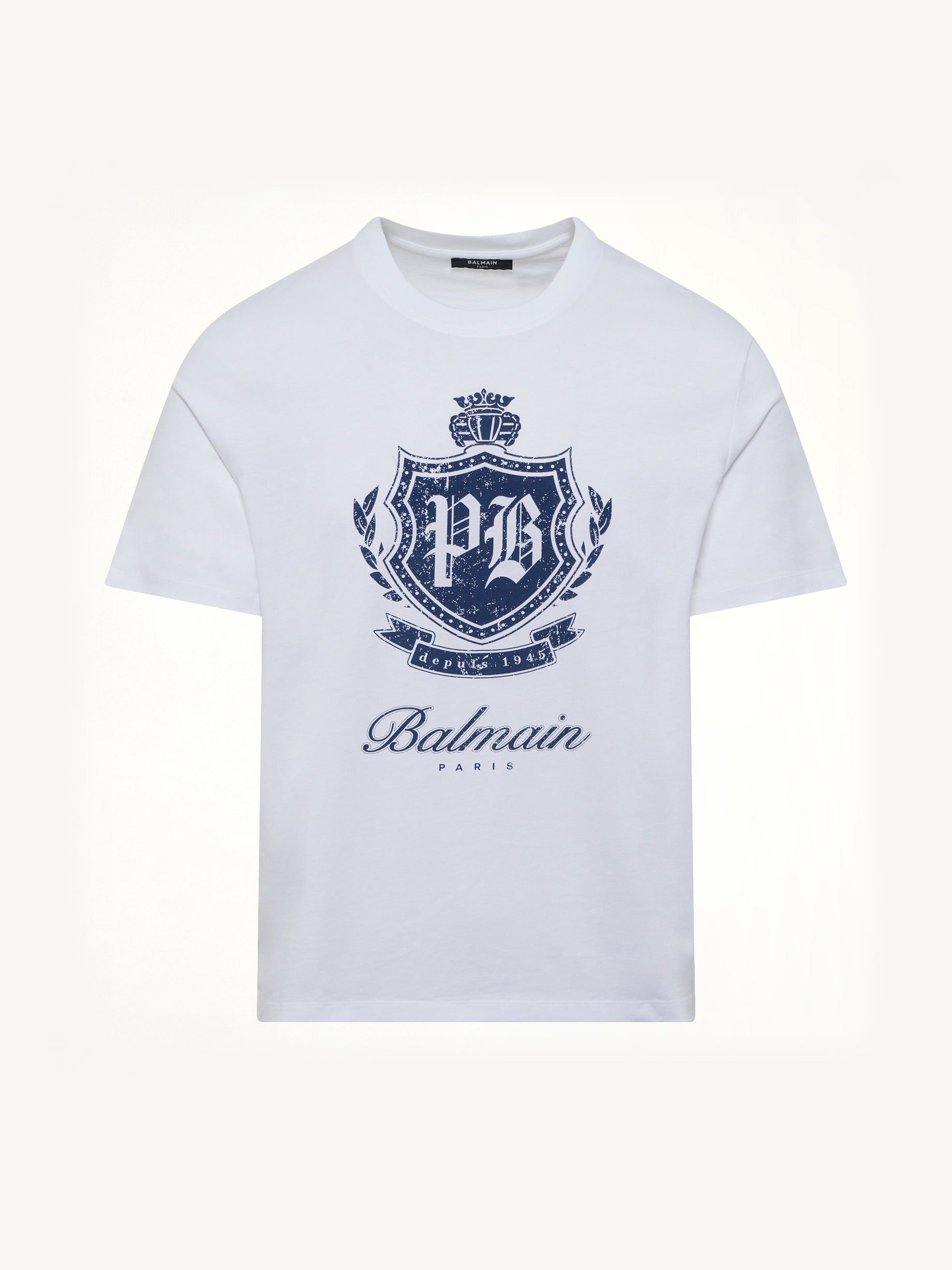 College Emblem Print T-Shirt in White/Blue