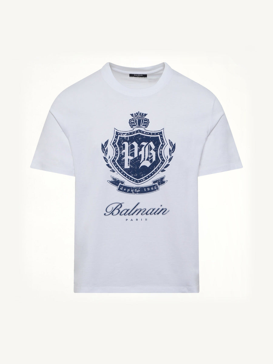College Emblem Print T-Shirt in White/Blue
