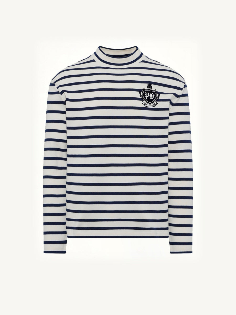 Emblem Flock Highneck LS T-Shirt in Beige/Blue