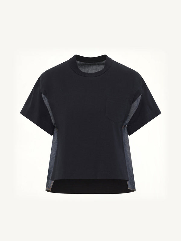 Light Weight Denim x Poplin Jersey T-Shirt in Navy/Blue