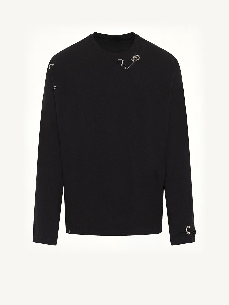 Piercing Detail Long Sleeve T-Shirt in Black