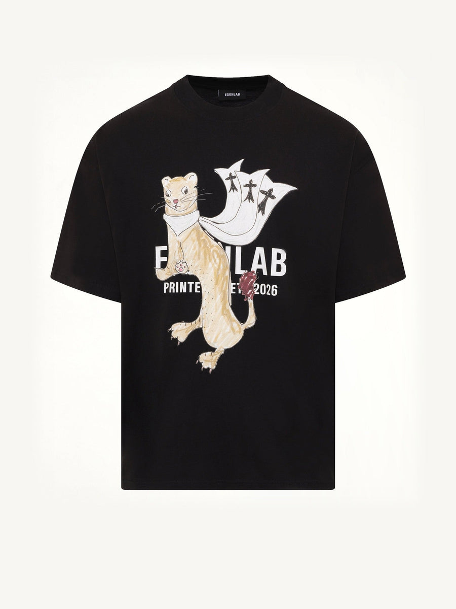 Hermine Print Cotton T-Shirt in Black