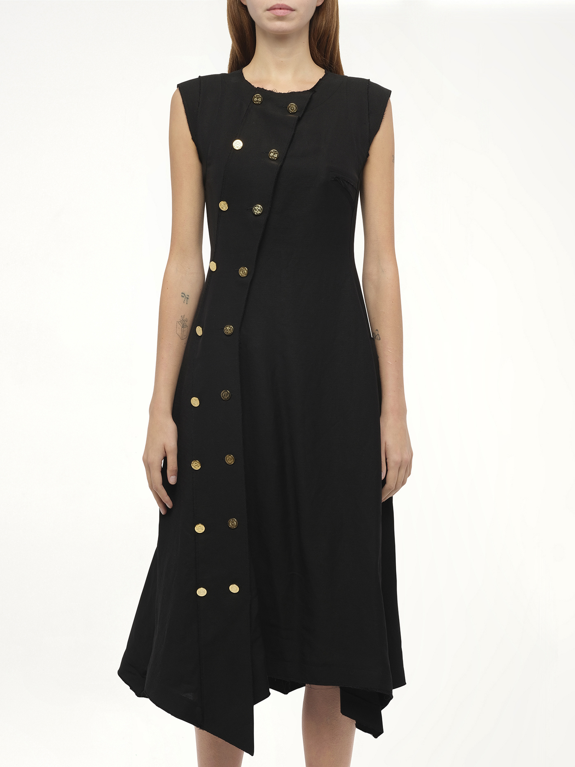 Gold Button Sleeveless Dress in Black