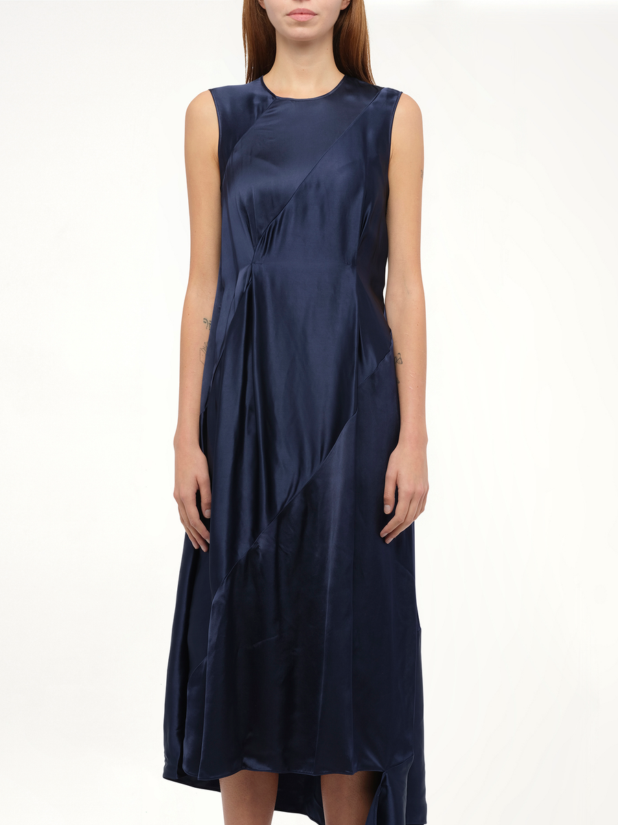 Sleeveless Satin Dress in Navy