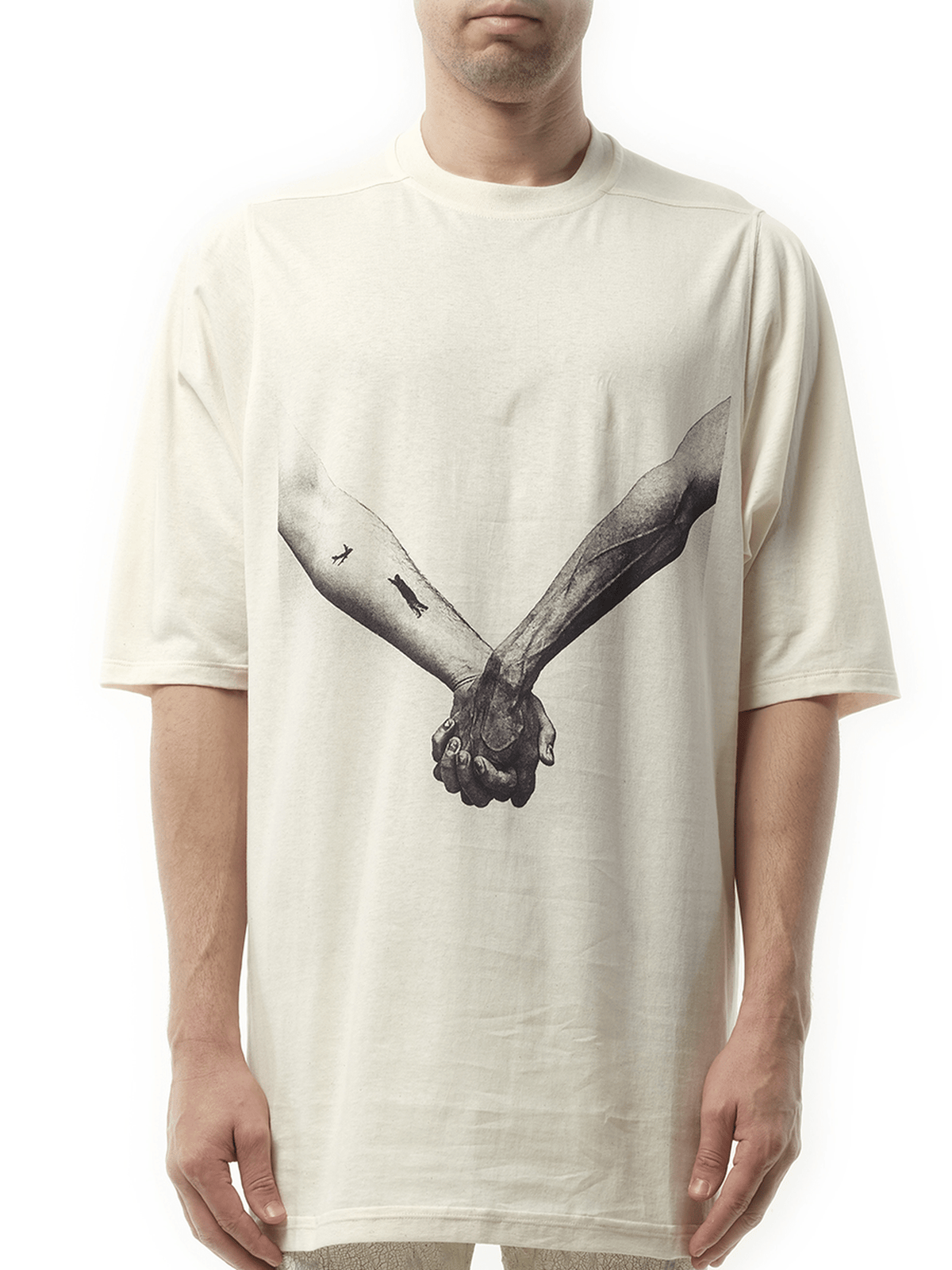 Rick Owens Jumbo SS "Holding Hands" T-Shirt in Natural/Black