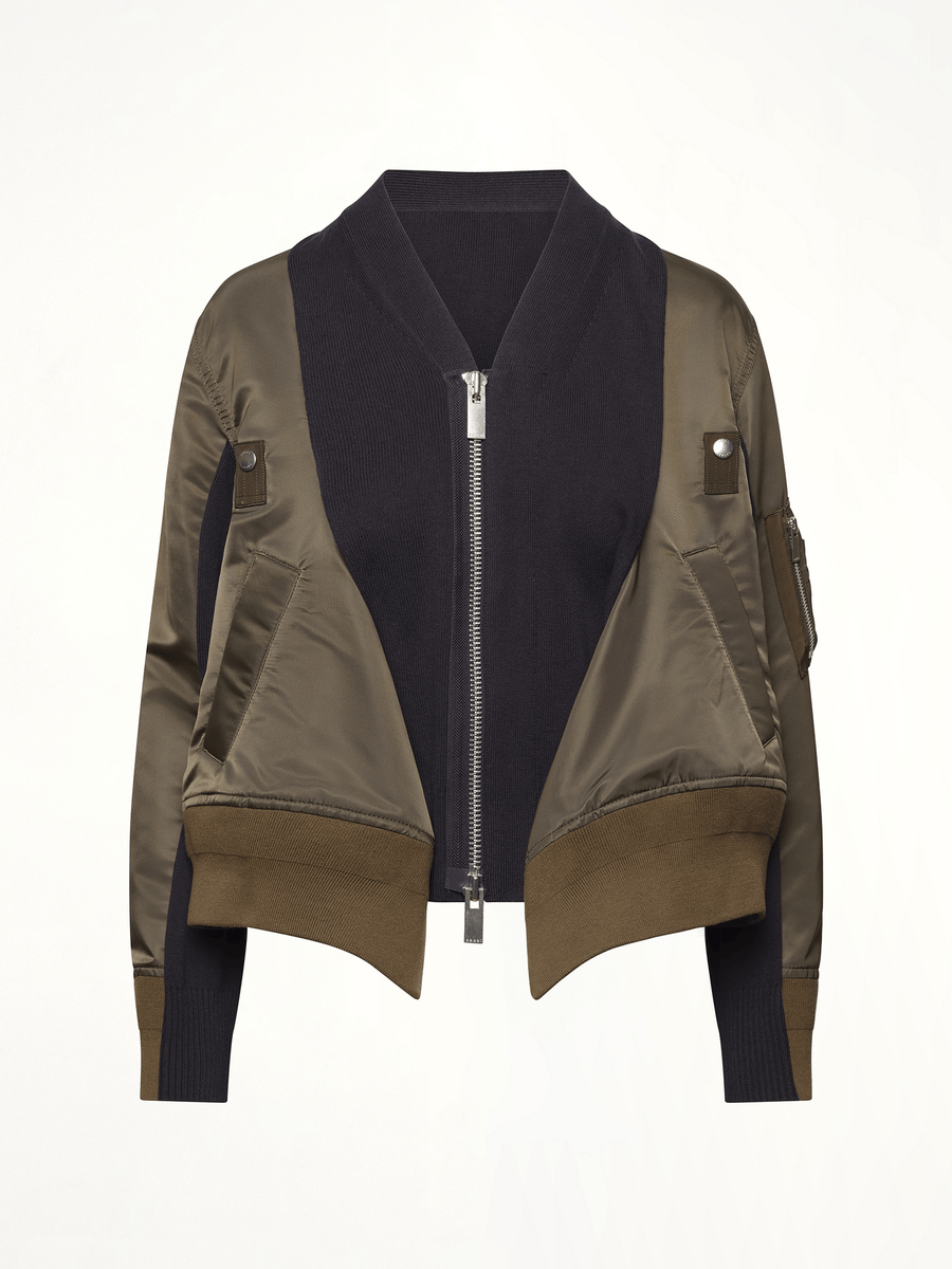 Nylon Twill x Knit Cardigan in Dark Khaki/Navy