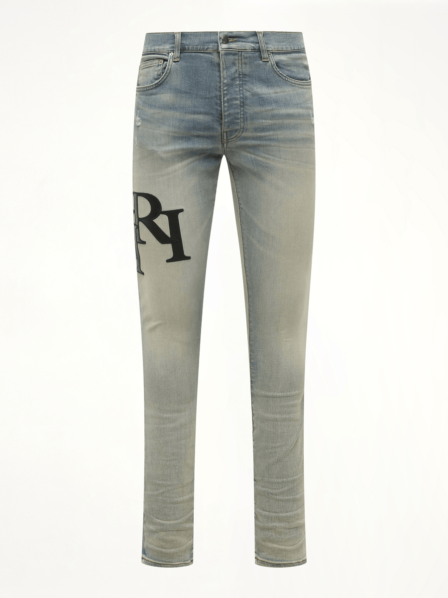 Staggered Logo Skinny Jeans in Antique Indigo/Black