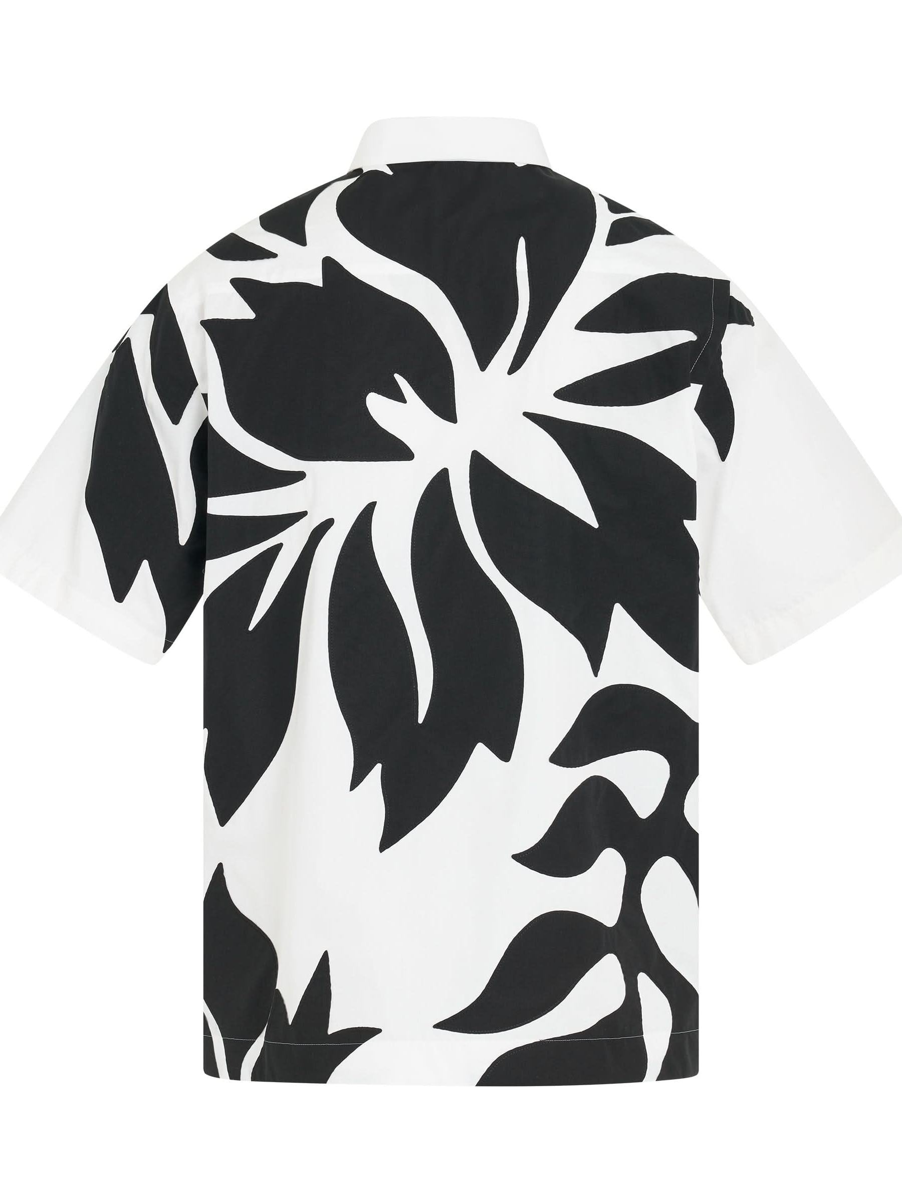Floral Embroidered Patch Cotton Poplin Shirt in Off White/Black